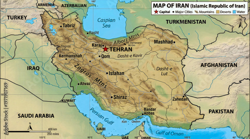 Detailed physical map of Iran showing terrain, cities, and geography