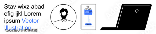 Identity verification, online security, remote work, employee profile, digital identity, modern technology. Silhouettes of a user icon, digital ID badge and laptop. Identity verification and online