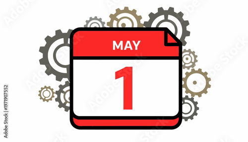 May Day Celebration Icon Featuring 1st May Date and Machine Gears