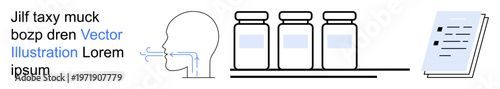 Healthcare, medical equipment, respiratory therapy, pharmaceutical industry, patient care, treatment. Human inhalation diagram with jars and document. Healthcare and respiratory therapy concept