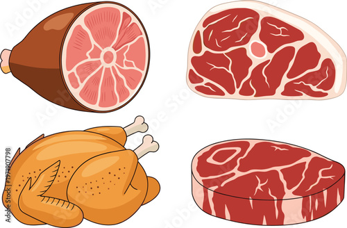 Meat Cuts Collection with Ham, Beef Steak, Roast Chicken, and Raw Meat Pieces in Detailed Style for Food Illustration, Cooking Design, and Butcher Set