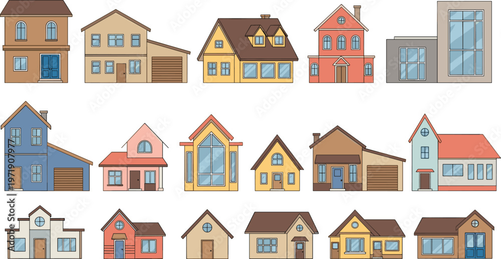 Naklejka premium Residential House Collection with Various Home Styles and Architecture Designs in Flat Style for Real Estate Illustration and Neighborhood Design Set