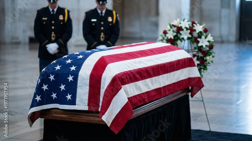 Coffin draped with American flag at memorial service with guards  