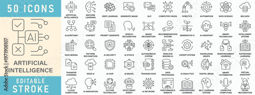 Artificial intelligence line icon collection, Editable stroke. Vector illustration.