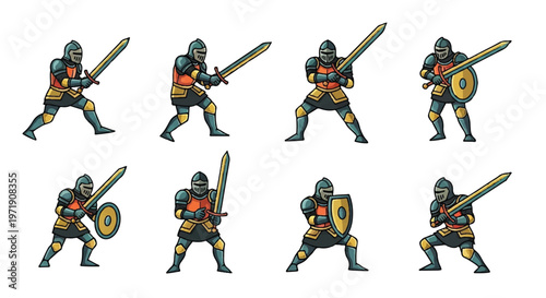Medieval warrior poses isolated on white background for design