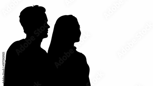 Loving couple silhouette watching sunset together in black vector illustration