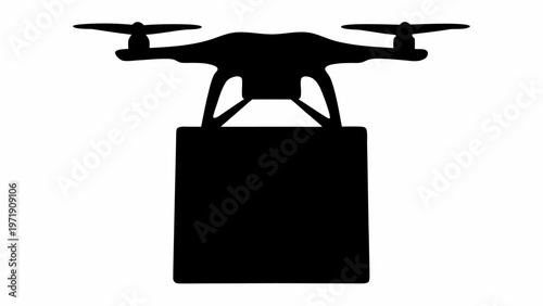 Black silhouette vector of delivery drone dropping package from above with propellers