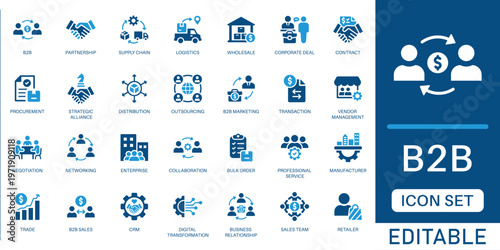 B2B icon set. featuring partnership, supply chain, wholesale, corporate deals, logistics, and strategic alliance in blue flat design.