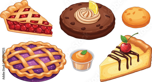 Dessert Set with Pie Slice, Chocolate Tart, Cheesecake, Muffin, and Pastry Items in Colorful Style for Bakery Illustration and Sweet Food Collection