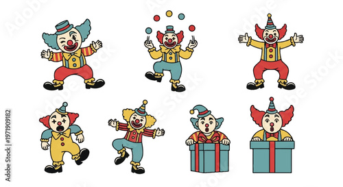 Cartoon clowns in various poses vector illustration