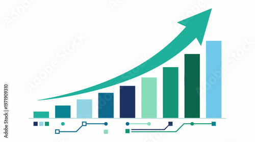 A digital circuit connection underlies a steadily rising business growth graph.