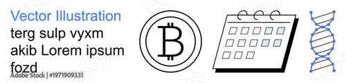 Financial technology, scheduling, blockchain, research, biotech, innovation. Abstract icons of cryptocurrency symbol, calendar and DNA strand. Financial technology and scheduling concepts
