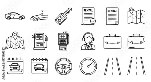 Stylized car rental thin line icon set vector EPS10 isolated on white