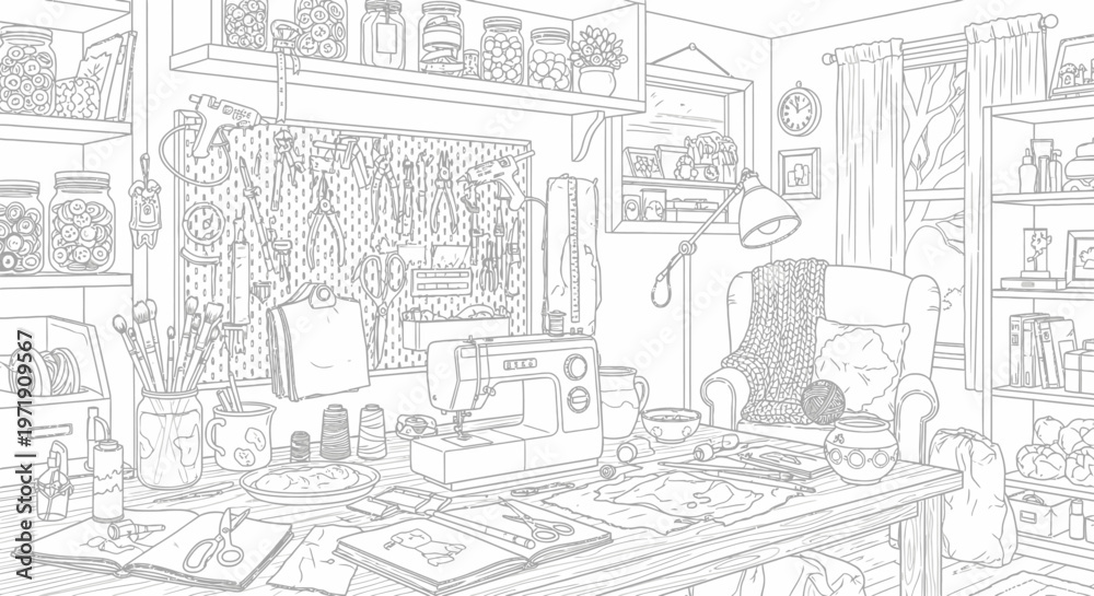 Fototapeta premium Cozy Sewing Room Sketch with Sewing Machine and Craft Supplies