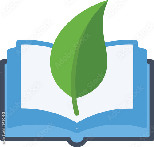 Open book with a green leaf symbolizing knowledge, education, and nature