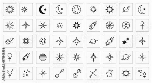Cosmic Icons Set: Stars, Moon, Planets, Comets, Sun, Astrology Symbols
