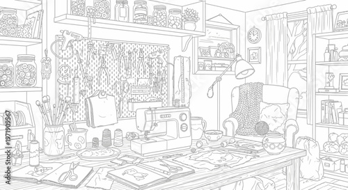 Cozy Sewing Room Sketch with Sewing Machine and Craft Supplies