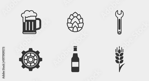 Craft Beer Icons: Mug, Hops, Wrench, Gear, Bottle, Wheat