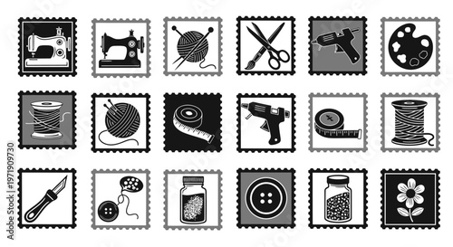 Crafting Supplies Icons: Sewing, Knitting, DIY Tools, Art Palette, Buttons