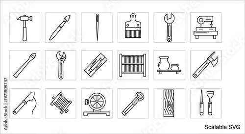 Crafting Tools Icon Set: Hammer, Brush, Needle, Wrench, Axe, Pottery & Woodworking