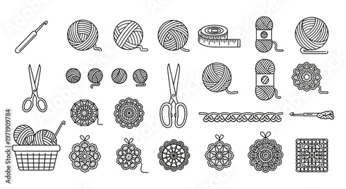 Crochet and Knitting Supplies Icons: Yarn, Hooks, Needles, Scissors, Basket