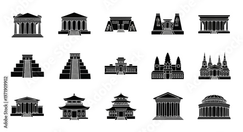 Diverse Ancient Architecture Collection: Temples, Pyramids, and Columns Icons