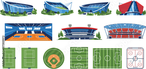 Sports Stadium and Field Collection with Arenas, Indoor Courts, Football, Baseball, and Hockey Fields in Flat Style for Sports Illustration Design Set