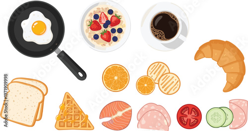 Breakfast Food Set with Fried Egg, Pancakes, Coffee, Croissant, Bread, Waffle, Salmon, and Fresh Ingredients in Flat Style for Meal Illustration Design