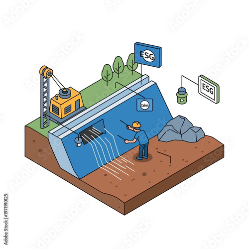 Illustration of a hydroelectric dam with monitoring equipment and a worker, symbolizing sustainable energy and environmental management.