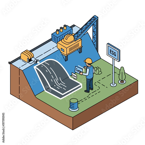 Construction worker overseeing a road construction project with a crane and ESG sign, symbolizing sustainable development in infrastructure.