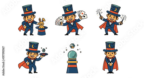 Magician performing magic tricks vector illustration set