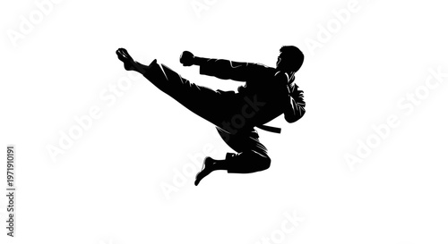 Martial arts athlete in mid air executing a dynamic kicking technique with powerful movement against white background