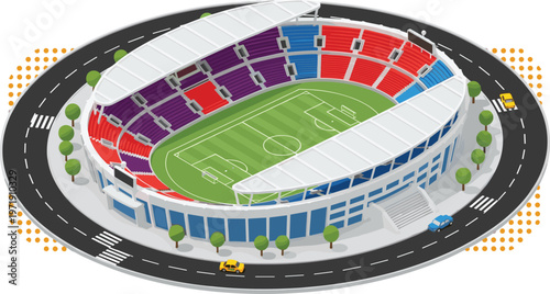 Isometric Stadium Illustration with Football Field, Seating Areas, and Surrounding Roads for Sports Venue Design, Event Architecture, and Urban Infrastructure Collection