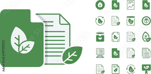 Sustainable document management icons exploring eco-friendly digital processes, akin to observing an amoeba under a microscope, promoting environmental responsibility and a greener future
