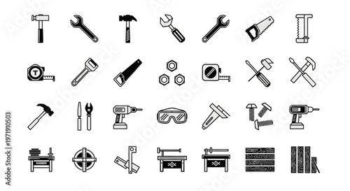 DIY Tools Icons Set: Hardware, Construction, and Workshop Equipment Collection
