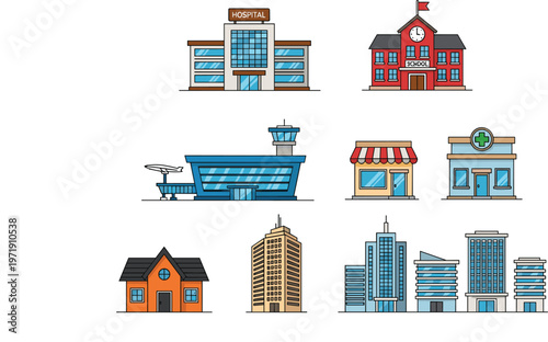 City Building Set with Hospital, School, Airport, Shops, and Residential Architecture in Flat Style for Urban Illustration Design and Infrastructure Collection