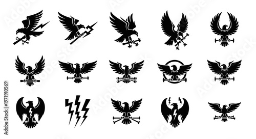Eagle Emblems and Lightning Bolts - Vector Icons Set