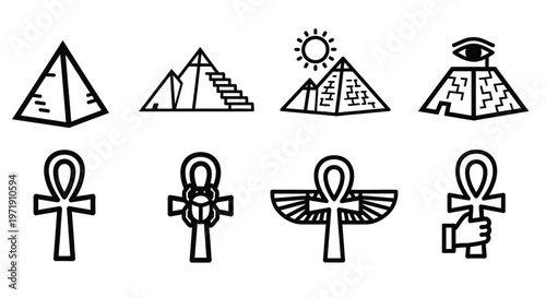 Egyptian Pyramids and Ankh Symbols Icons Set