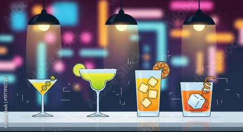 Four colorful cocktails on bar counter at nightclub with neon lights