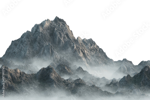 Jagged gray mountain range shrouded in atmospheric mist against black background mountains peak, Isolated On Transparent Background, Png Cut Out