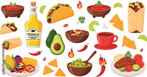 Mexican Cuisine Collection with Tacos, Burritos, Nachos, Avocado, Tequila, and Spicy Dishes in Detailed Style for Food Illustration and Restaurant Design