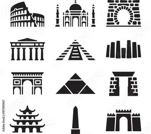  Famous World Landmarks Icon Set Black Solid Vector Collection