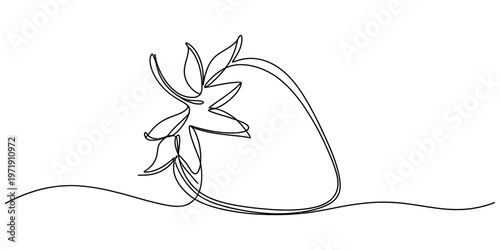 A minimalist single line drawing of a ripe strawberry fruit with leaves on a plain white background Vector, illustration