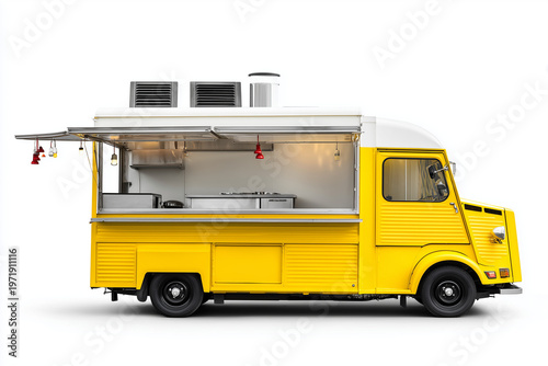 Festival food truck with open serving window and street kitchen setup mobile restaurant concept isolated on white background
