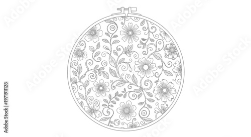 Embroidery Hoop with Floral Pattern Outline - Textile Art Design Element