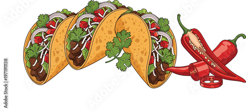 Taco Food Illustration with Mexican Tacos, Meat Filling, Vegetables, and Chili Peppers in Detailed Style for Street Food Design and Cuisine Collection