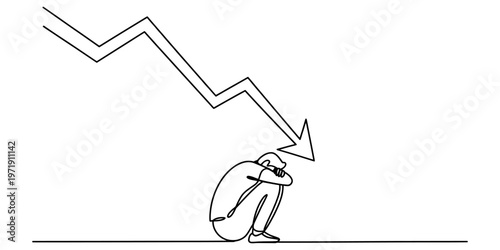 A continuous line drawing depicting a depressed person sitting under a declining financial chart Vector, illustration