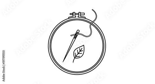 Embroidery hoop with needle, thread and leaf design - handcraft, DIY, needlework concept