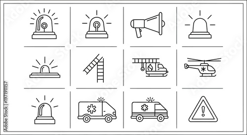Emergency Services Icons: Siren, Ambulance, Helicopter, Fire Truck, Megaphone
