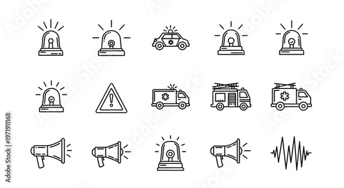 Emergency Services Icons: Siren, Ambulance, Police Car, Fire Truck, Megaphone